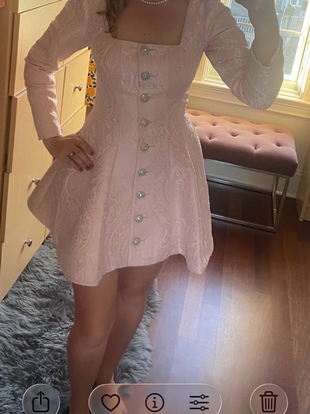 Elegant Pink Jacquard Fit-&-Flare Dress with Square Neck